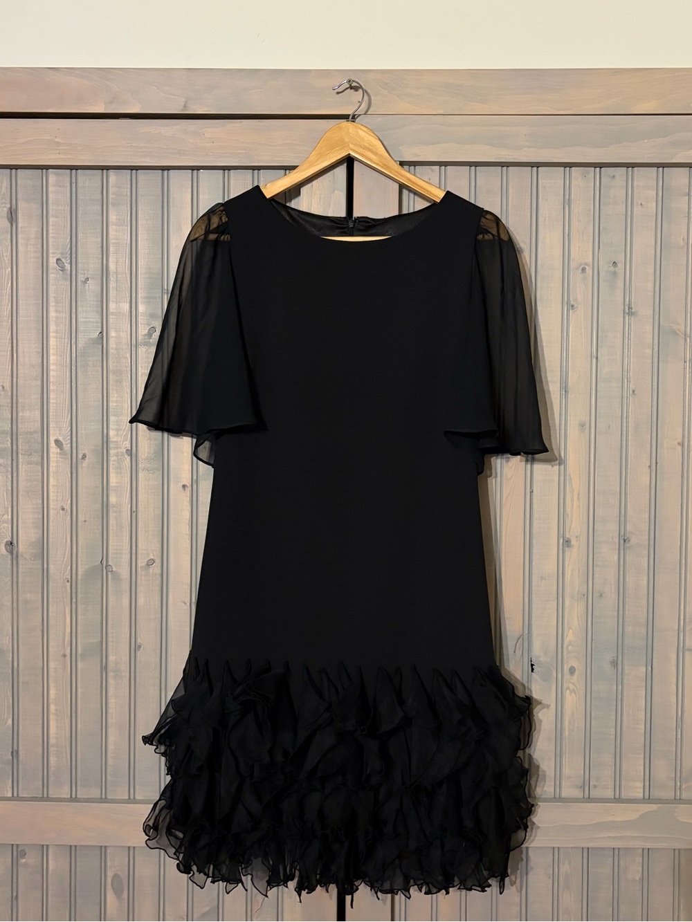 1990s Black Dress with Sheer Flutter Sleeves and Ruffled Hem